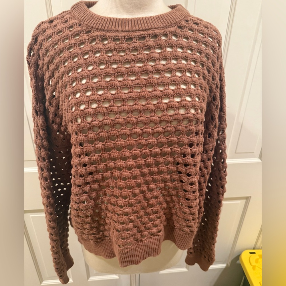 Women’s Varley Brown Harshaw Open-Stitch Sweater Crew Pullover Large